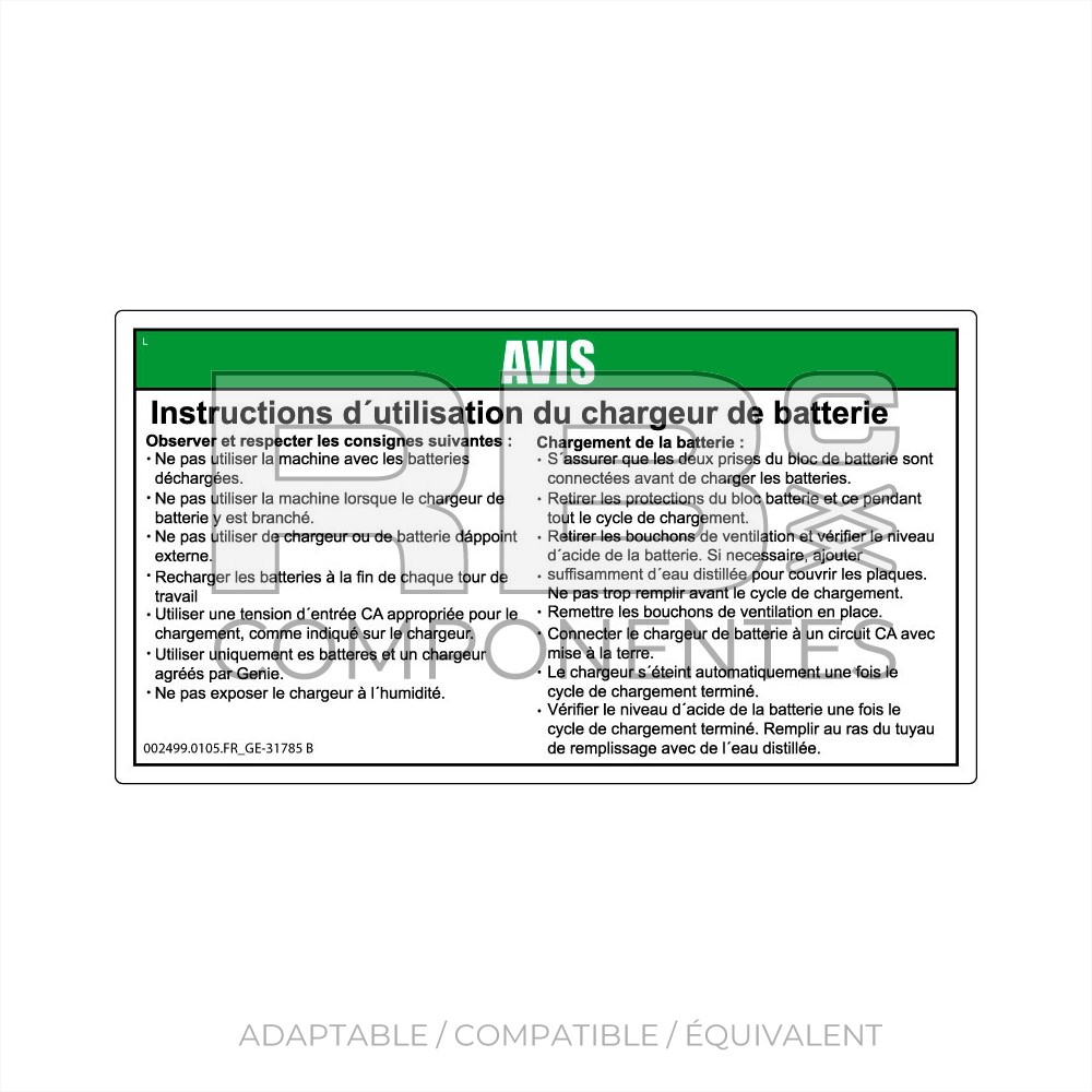 AUTOCOLLANT COMPATIBLE REF. GE 31785 B (FRANCAIS)