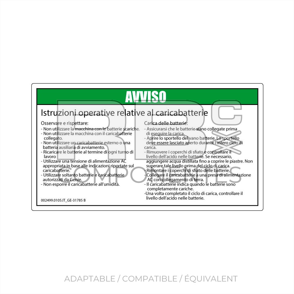 AUTOCOLLANT COMPATIBLE REF. GE 31785 B (ITALIEN)