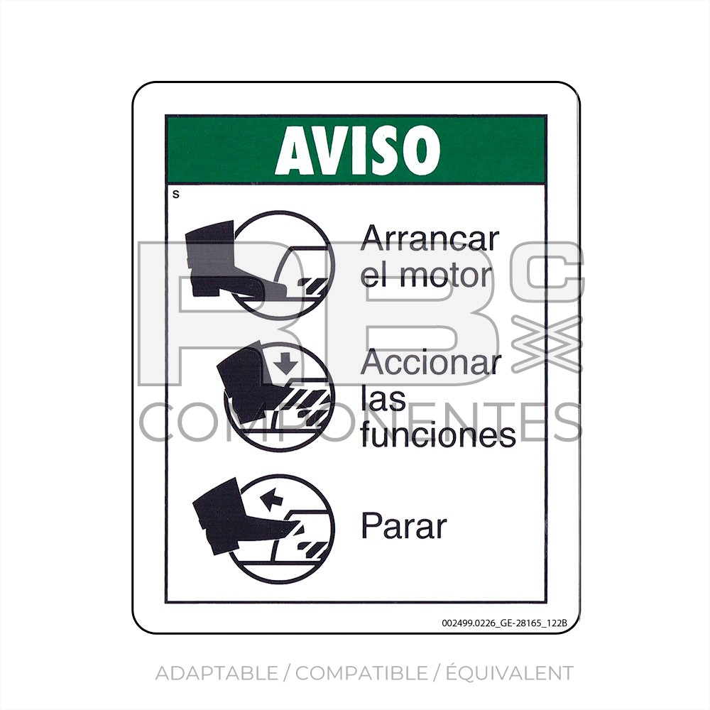 AUTOCOLLANT COMPATIBLE REF GE 28165 122B, ESPAGNOL